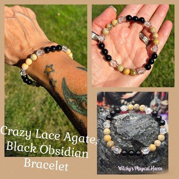 Crazy Lace Black Obsidian Gemstone Protection Joy Charm Bracelet - Picture 1 of 5